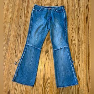 VTG 90 2000 y2k Lazer Jeans Patchwork Frayed Low Rise Raw Waist Light Flare 11